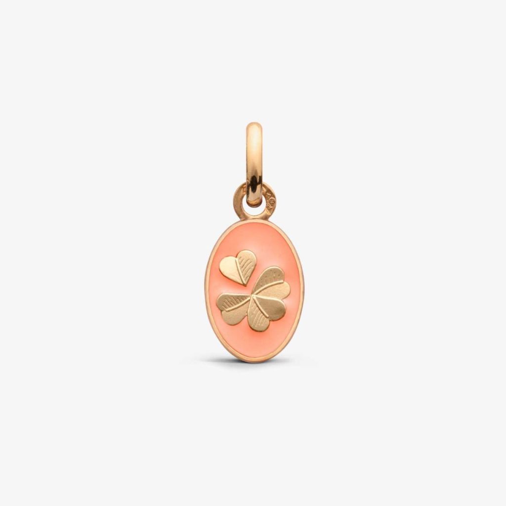 médaille trèfle laqué pêche, or rose