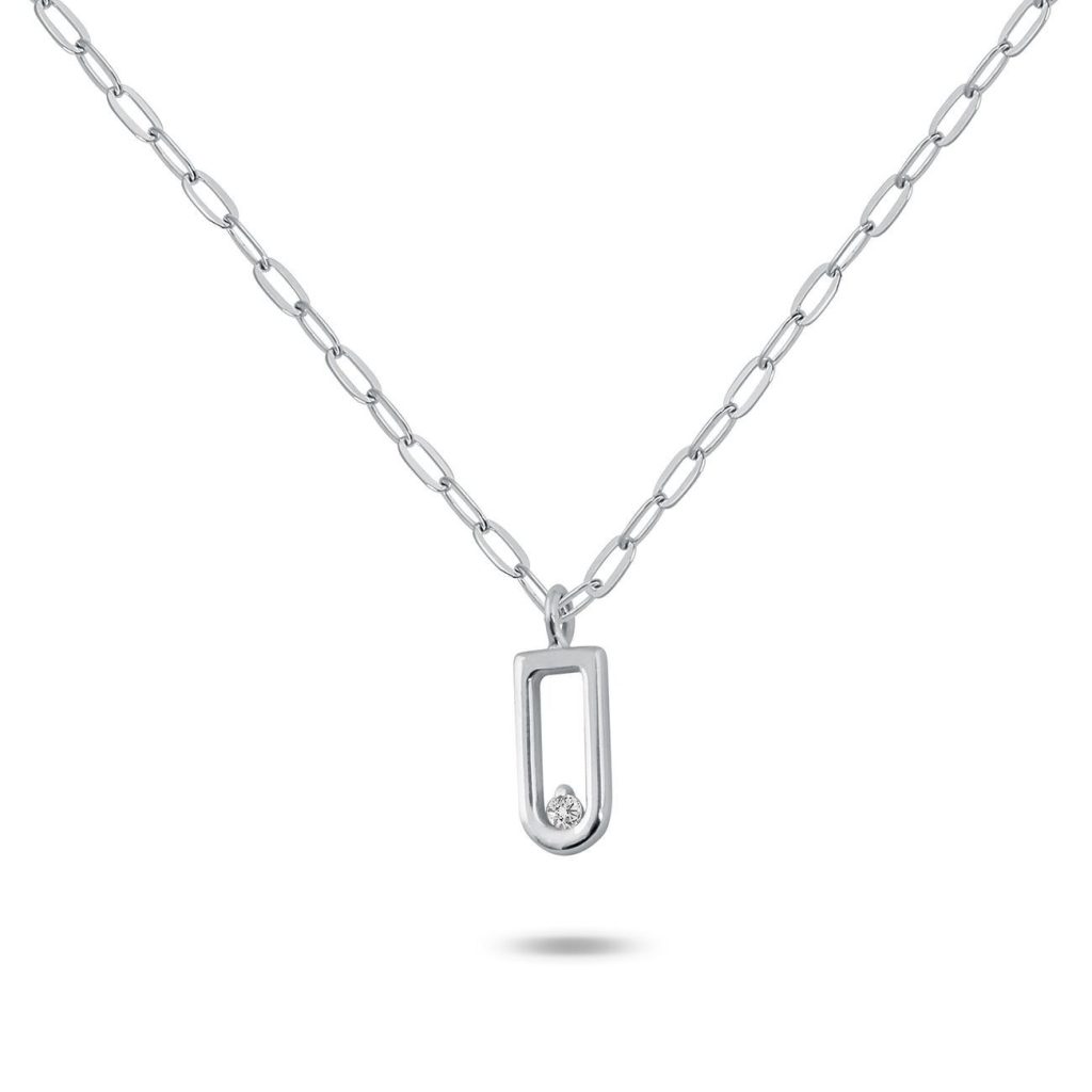 collier pendentif forme étrier, diamant, or blanc, 42 cm