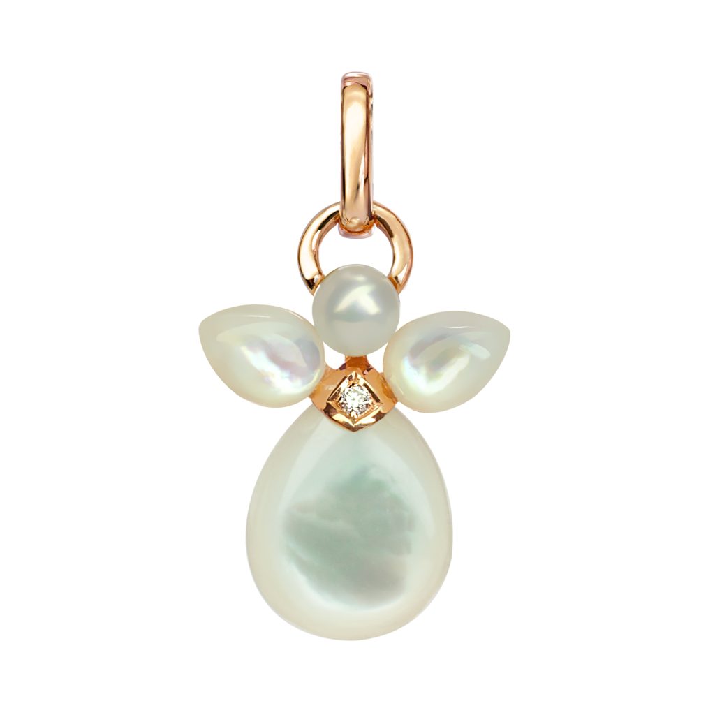 pendentif ange, nacre blanche, perle et diamant, or rose