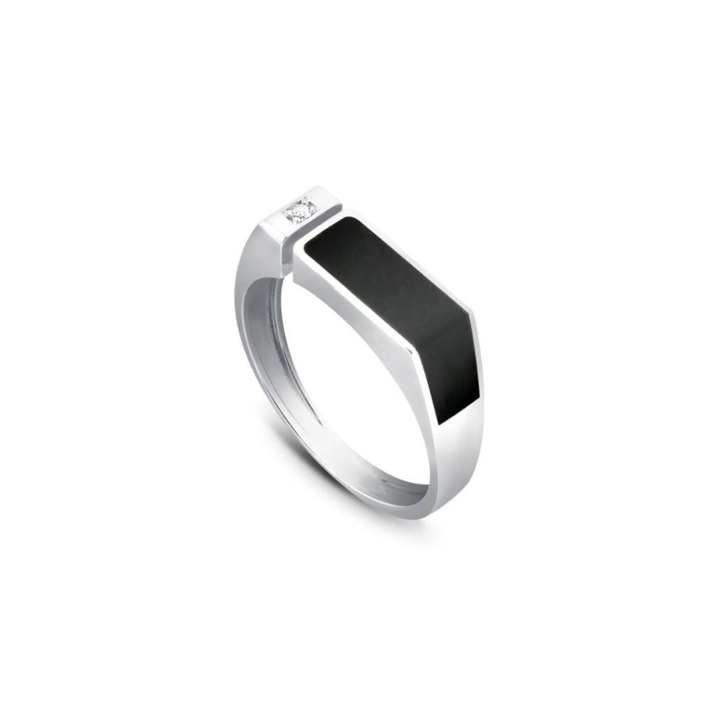 chevalière rectangle, résine noire, diamant, or blanc, t 62