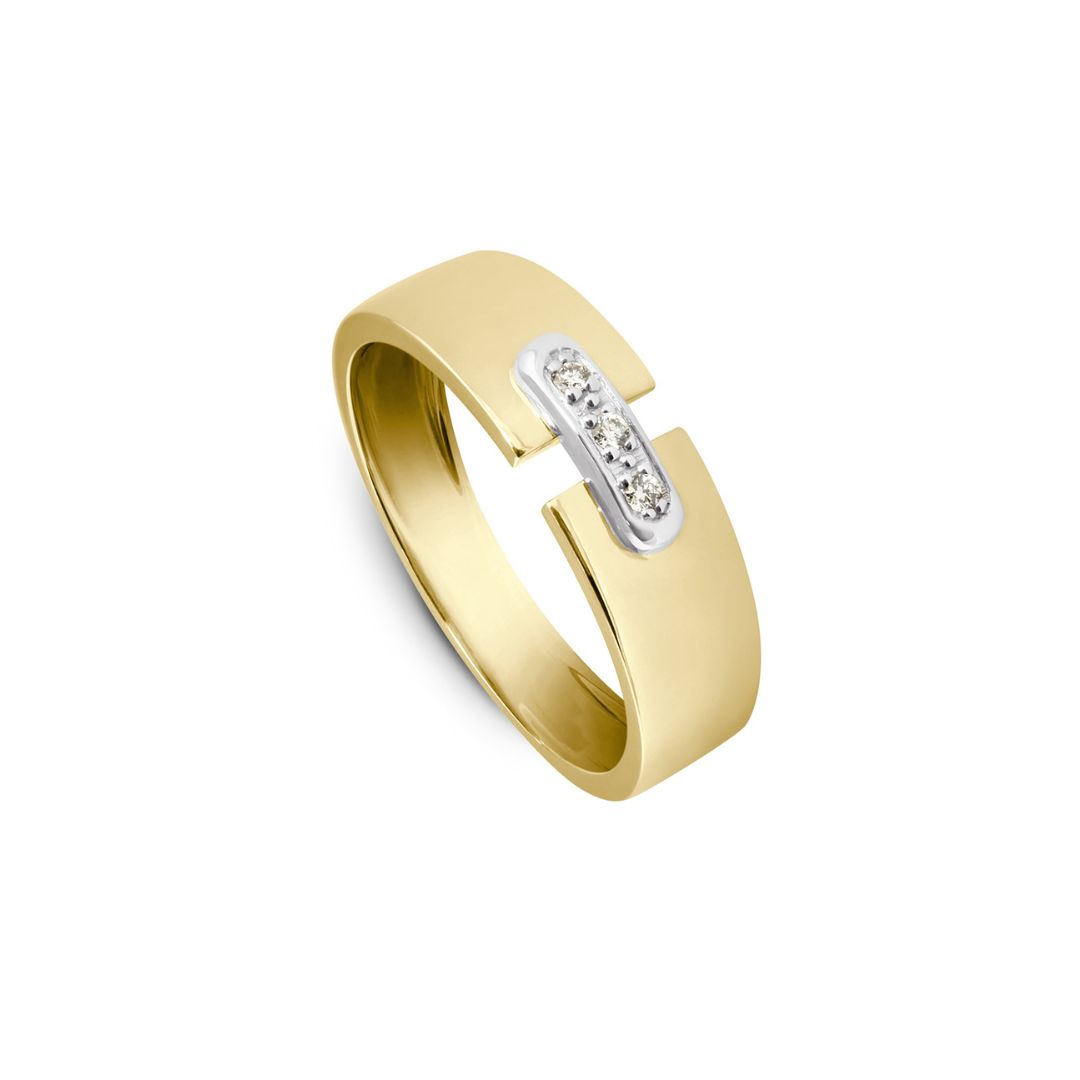 bague plate lien pavé, 3 diamants, or blanc et jaune, t 54
