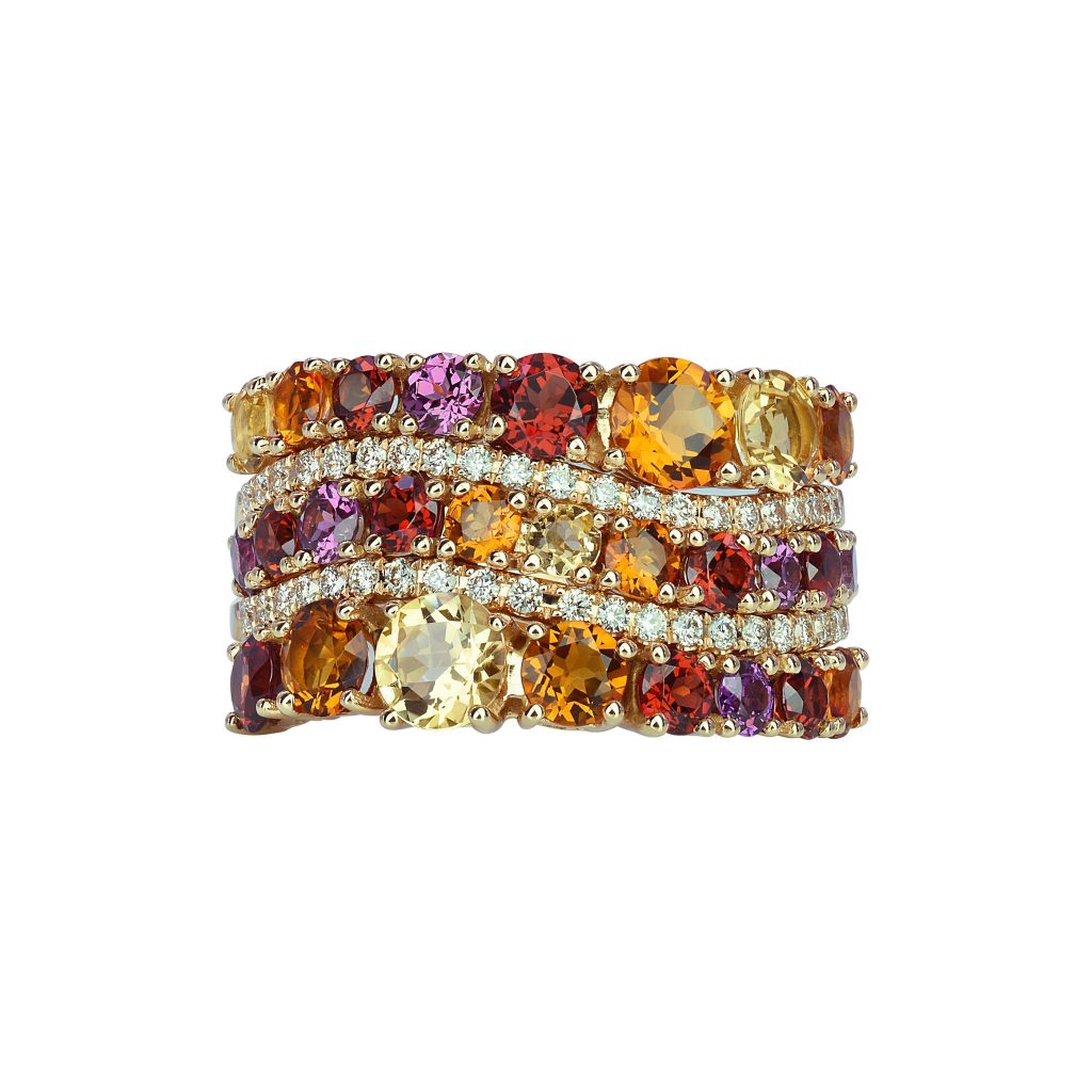 bague citrine, rhodolite et grenat, or jaune, t 53