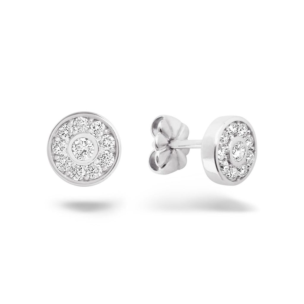 boucles d'oreilles diamant serti clos, entourage diamants, or blanc