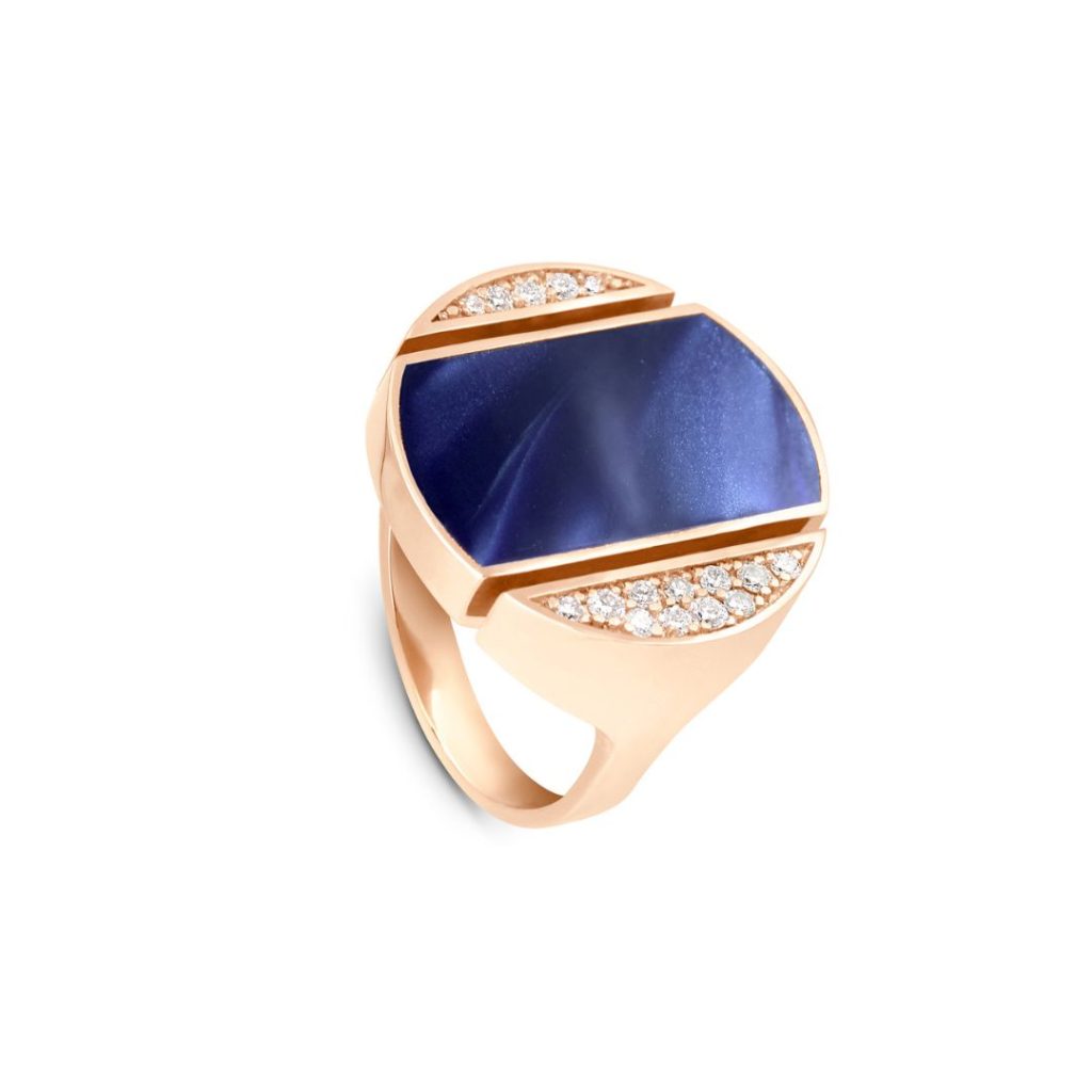 bague ronde bleu prusse, diamants, asymétrique, or rose, t 54