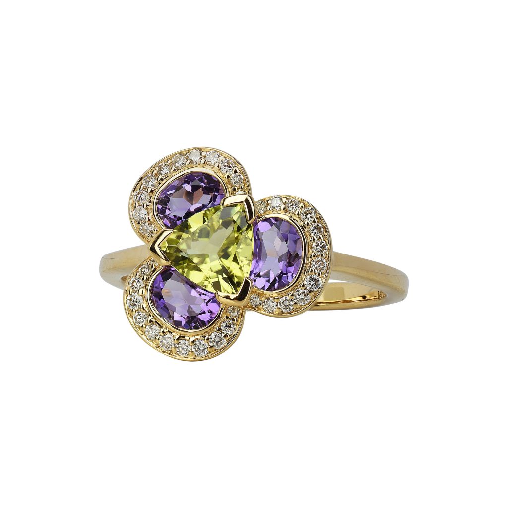 bague flora pensée, péridot, améthyste et diamants, or rose, t 53