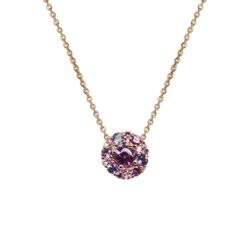 collier pointilliste rhodolite, améthyste, tourmaline, saphir rose, diamants, or rose