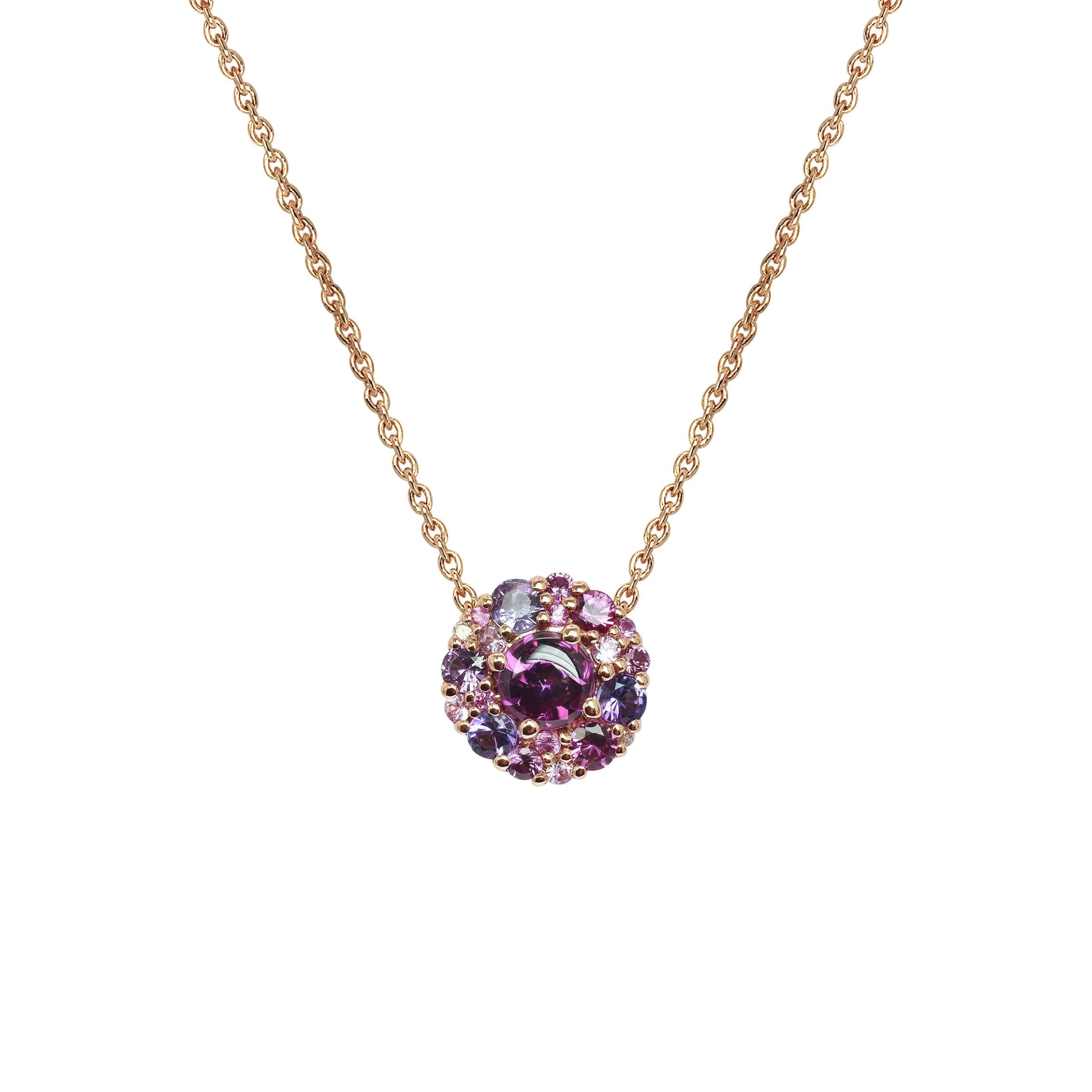 collier pointilliste rhodolite, améthyste, tourmaline, saphir rose, diamants, or rose