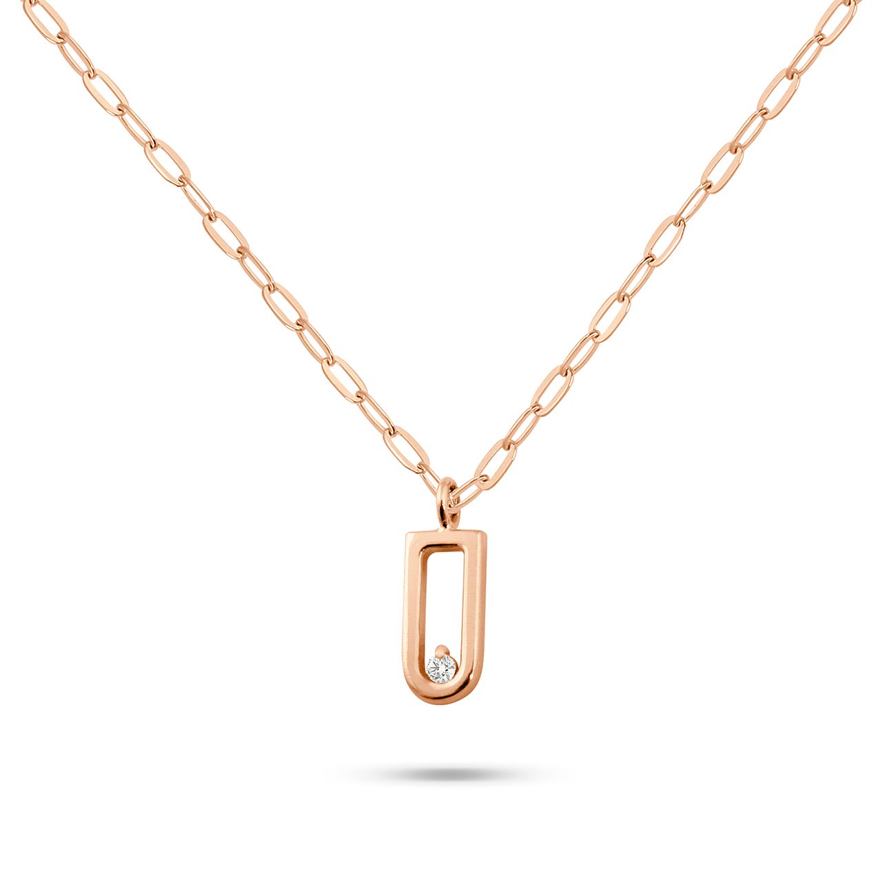 collier pendentif forme étrier, diamant, or rose, 50 cm