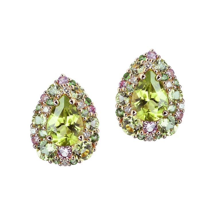 boucles d'oreilles emotion, peridot et entourage multi pierres, or rose