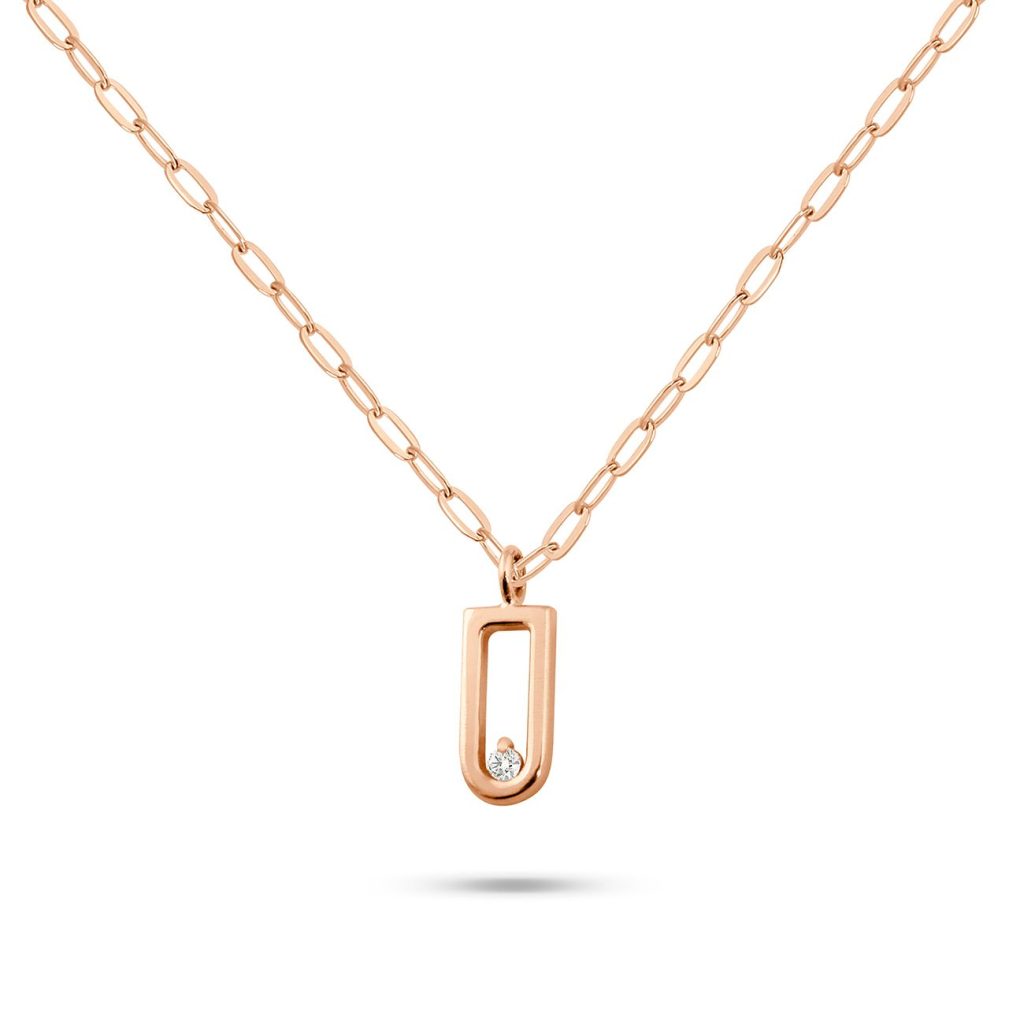 collier pendentif forme étrier, diamant, or rose, 50 cm