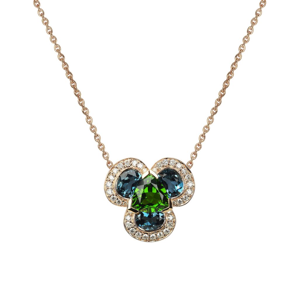 collier diopside, topaze et diamants, or rose