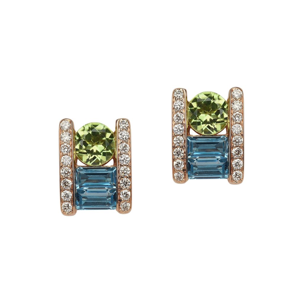 puces d'oreilles tissage diopsides, blue london et diamants, or rose