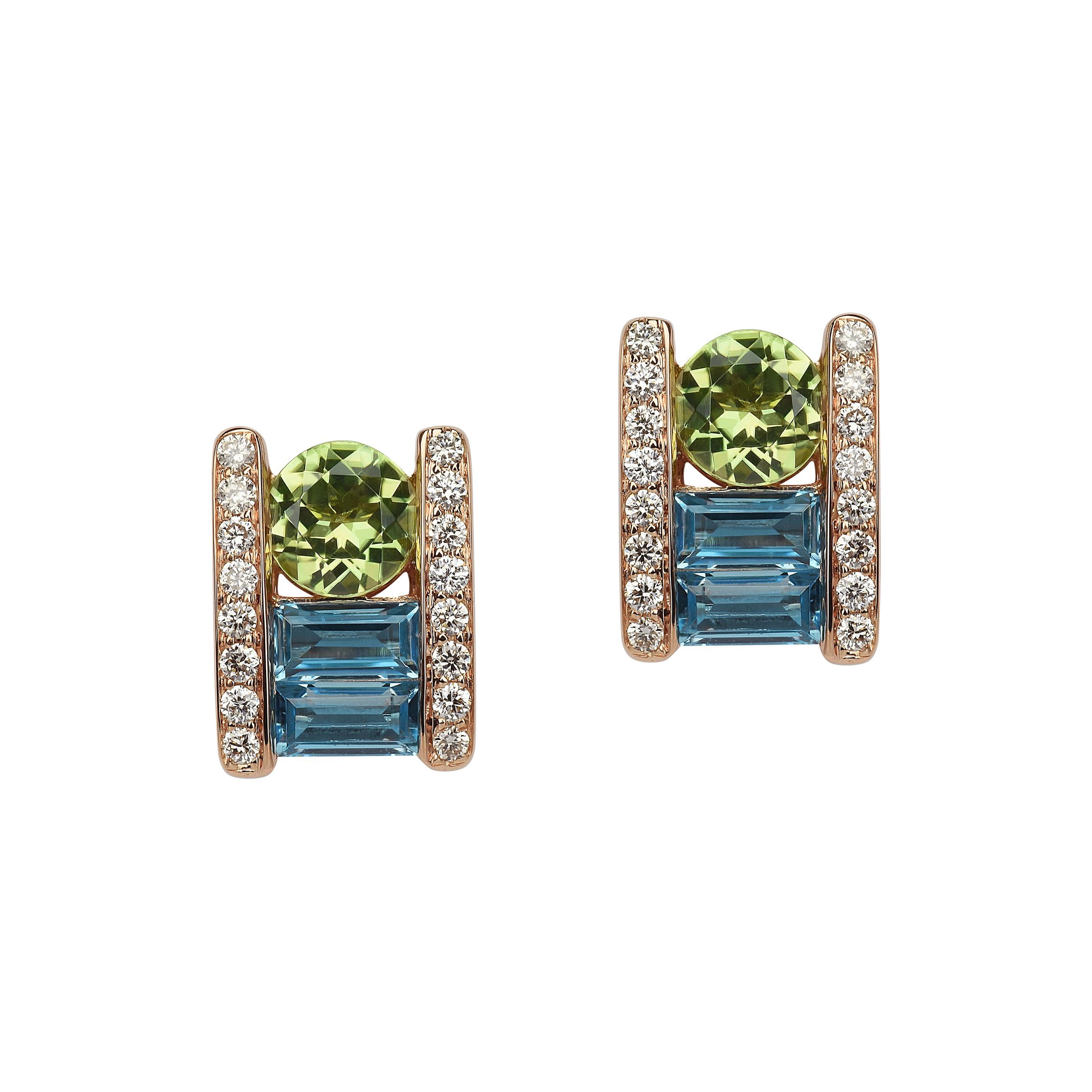 puces d'oreilles tissage diopsides, blue london et diamants, or rose