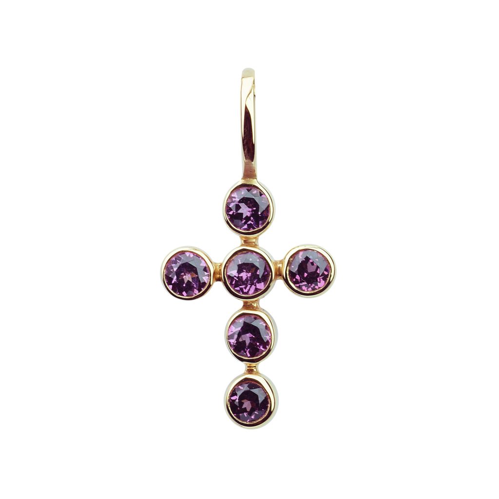 pendentif croix, 6 rhodolite, or rose
