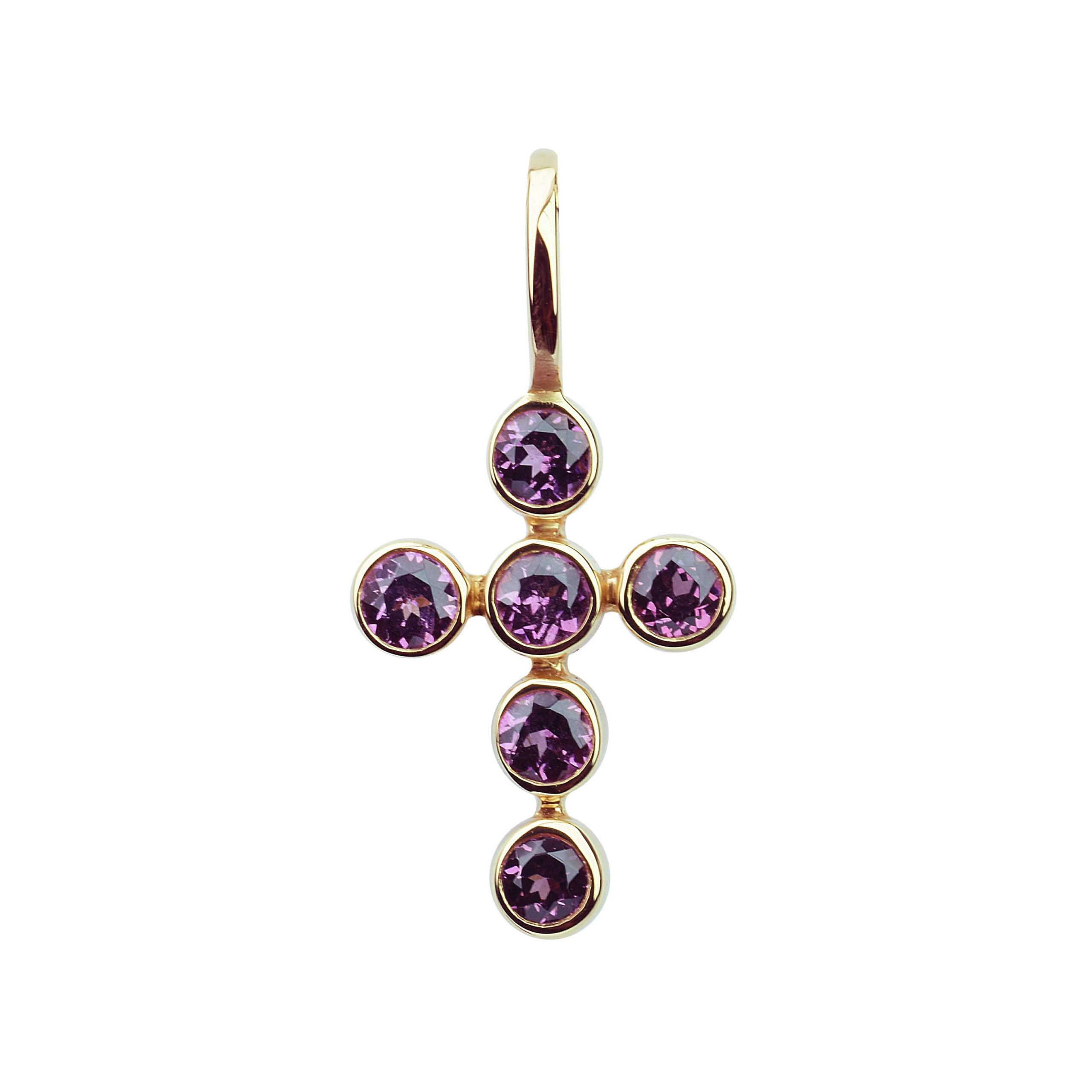 pendentif croix, 6 rhodolite, or rose