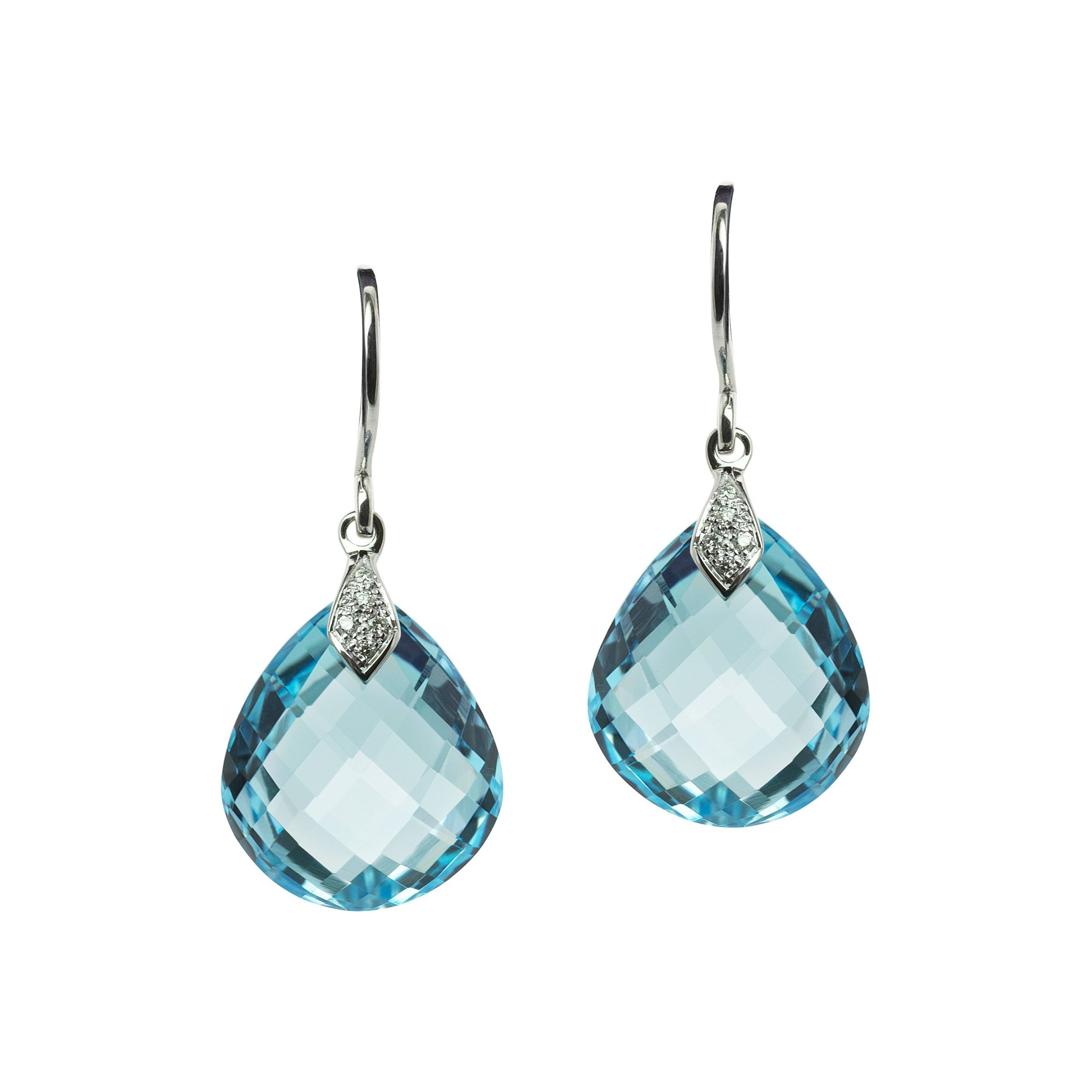boucles d'oreilles topaze bleue, diamants, or blanc