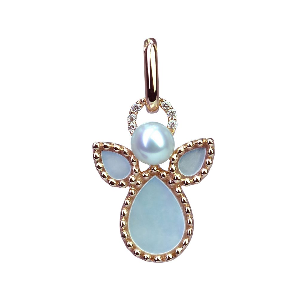 pendentif ange, nacre et perle blanche, diamant, or rose