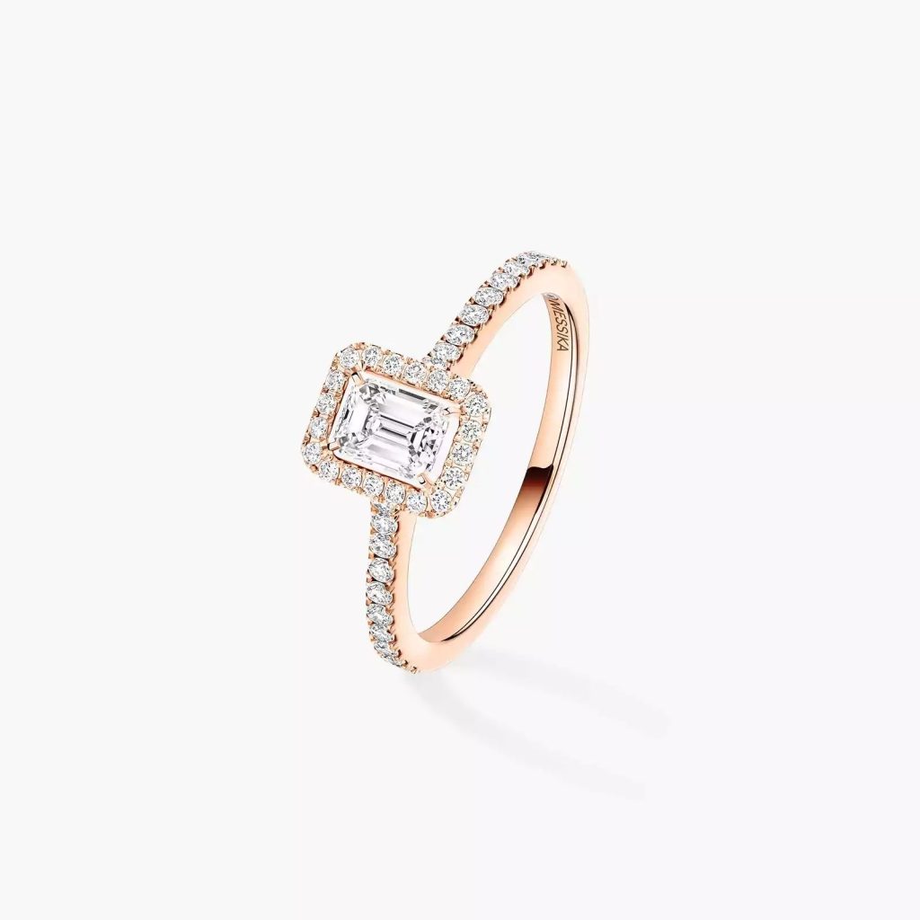bague joy diamant taille émeraude, entourage pavé, or rose, t 52