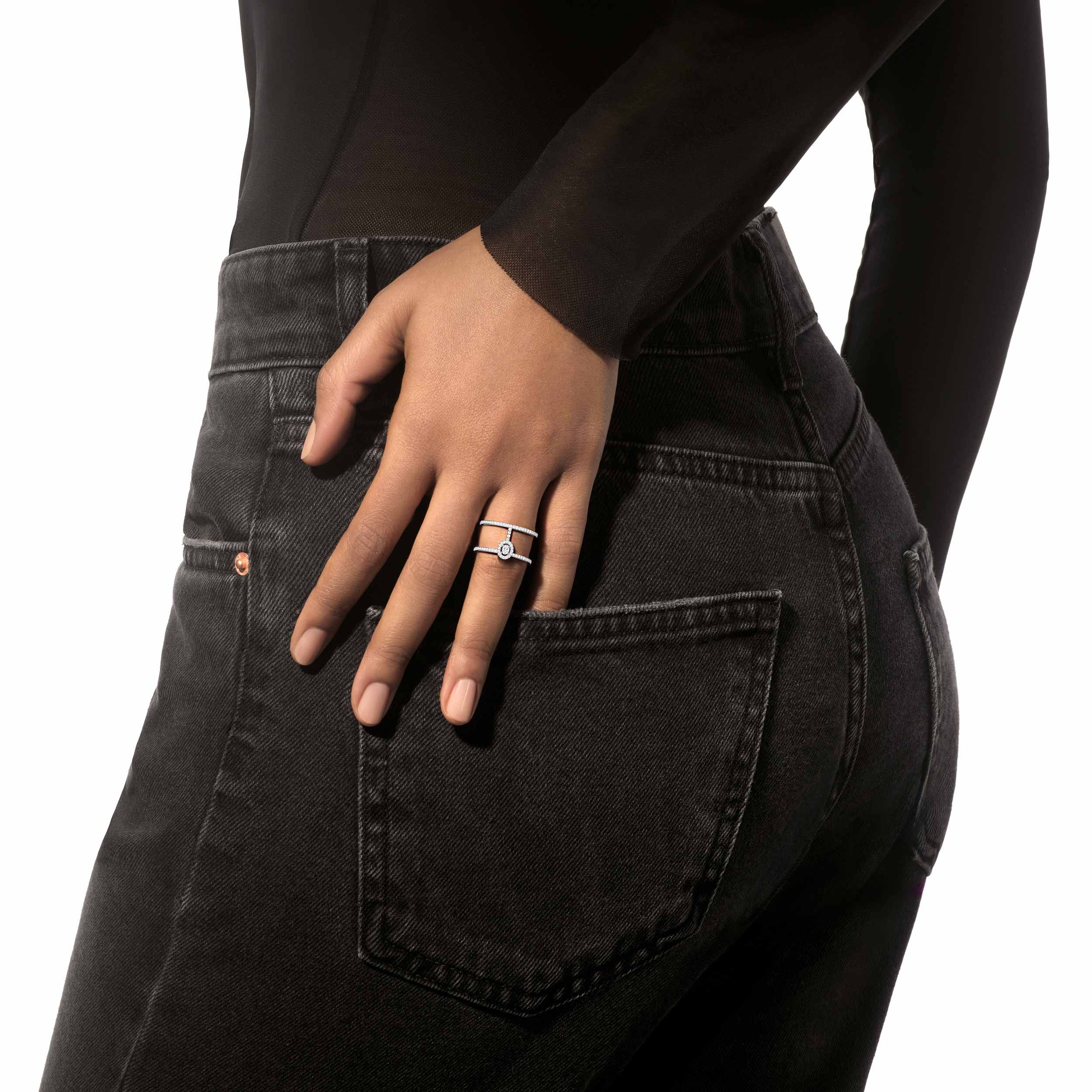 bague glam'azone, 2 rangs pavés diamants, or blanc, t 55
