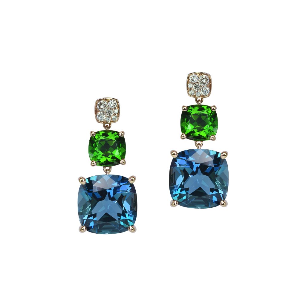 boucles d'oreilles topaze london et diopside, diamants, or rose