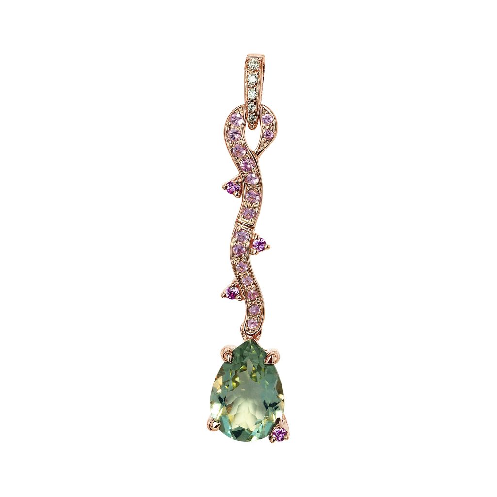 pendentif quartz vert et saphires, or rose