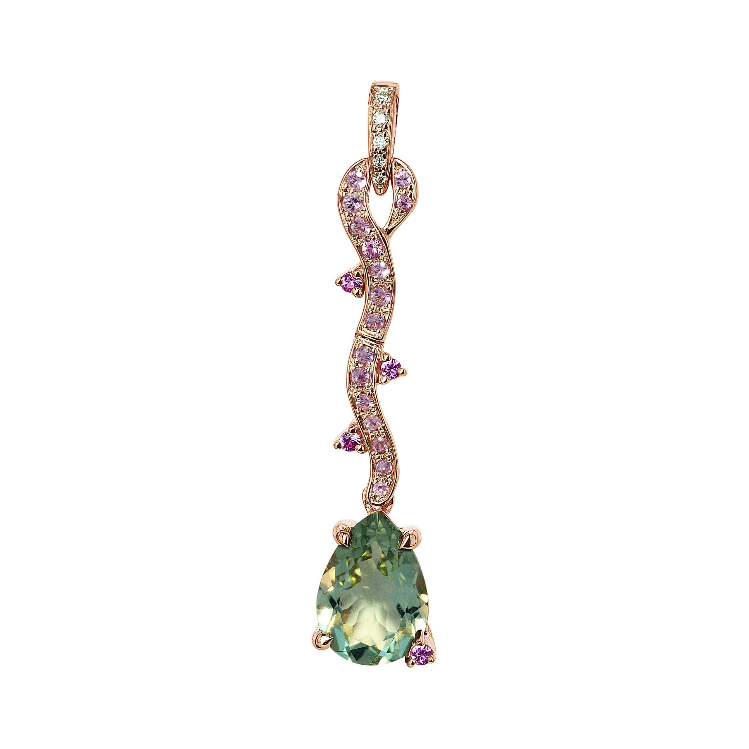 pendentif quartz vert et saphires, or rose