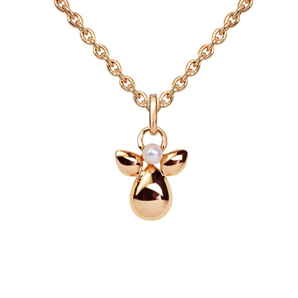 pendentif ange, perle blanche, corps or rose