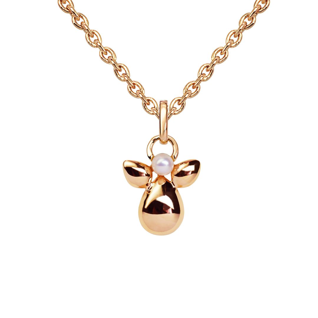 pendentif ange, perle blanche, corps or rose