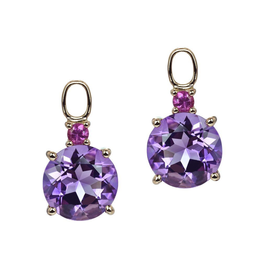pendants boucles d'oreilles, améthyste et saphir rose, or rose
