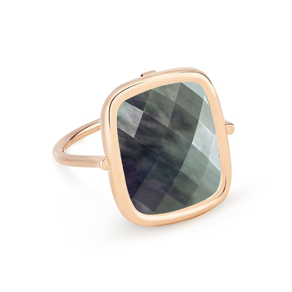 bague pixie antique nacre noire facettée, or rose, t 53