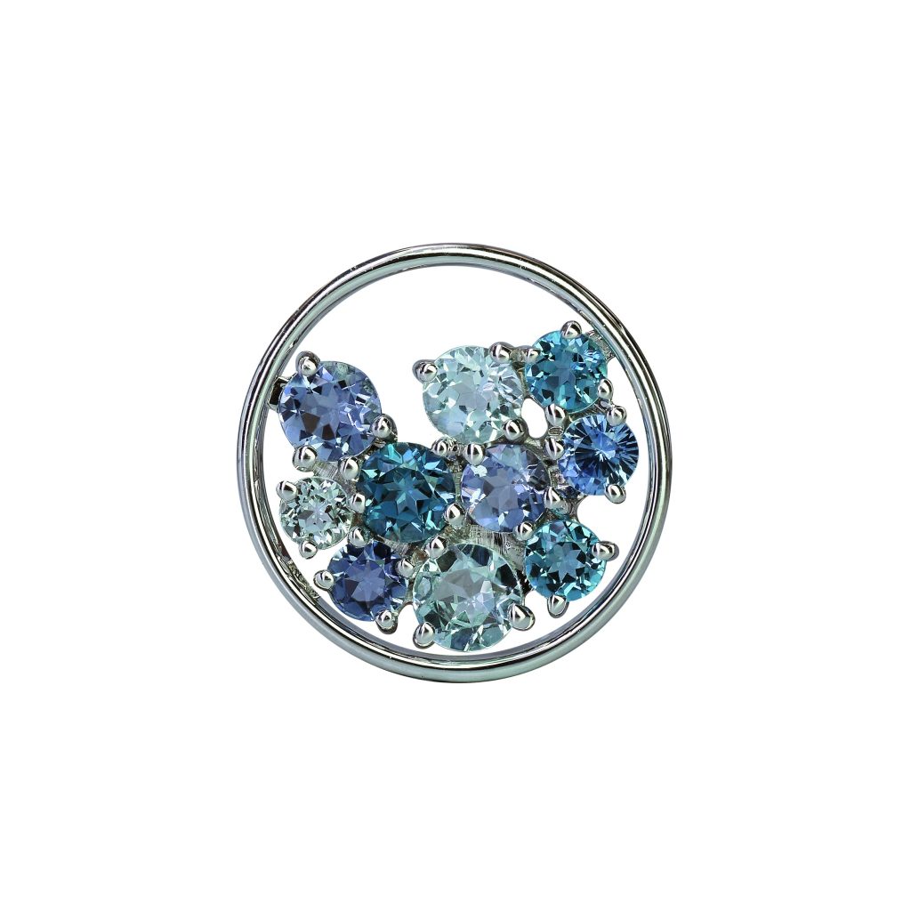 pendentif sac de billes, topazes bleues, iolites et saphirs, or rose
