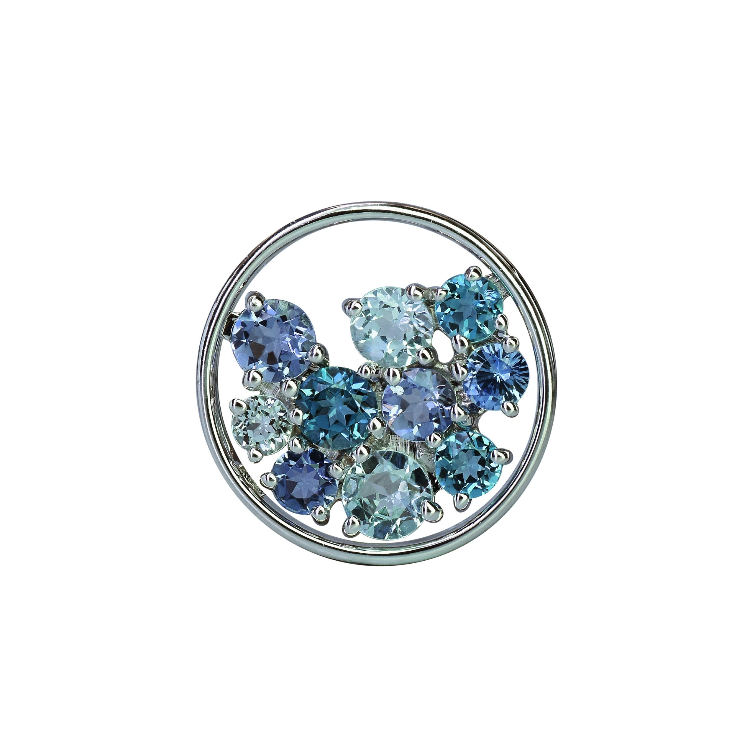 pendentif sac de billes, topazes bleues, iolites et saphirs, or rose