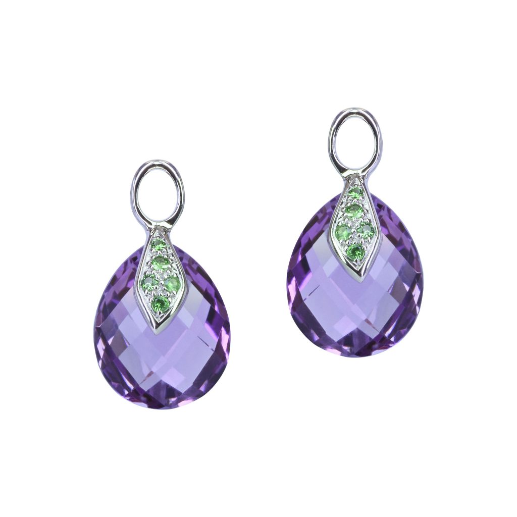 pendants boucles d'oreilles améthyste et tsavorite, or blanc