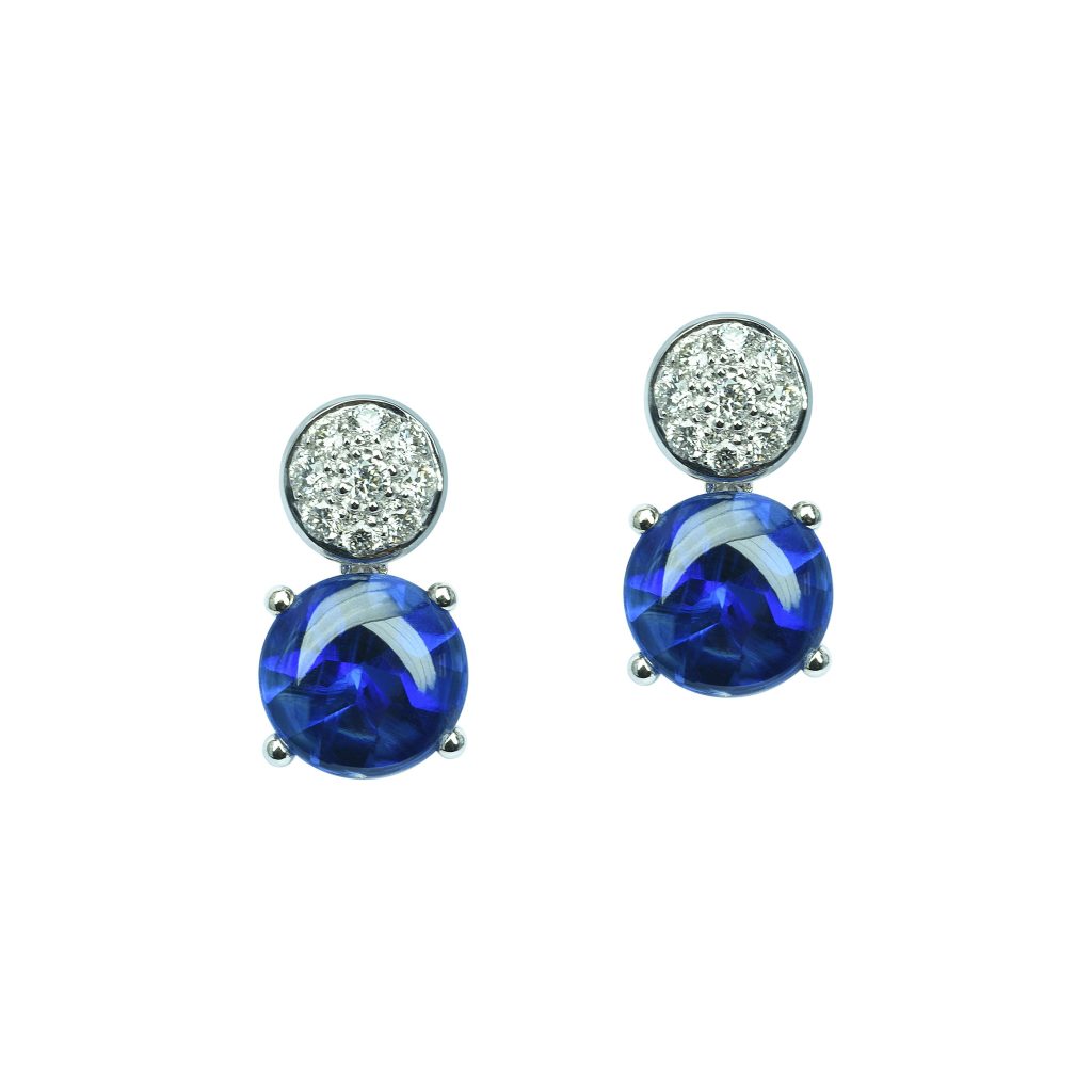 boucles d'oreilles motifs ronds diamants et cyanite, or blanc
