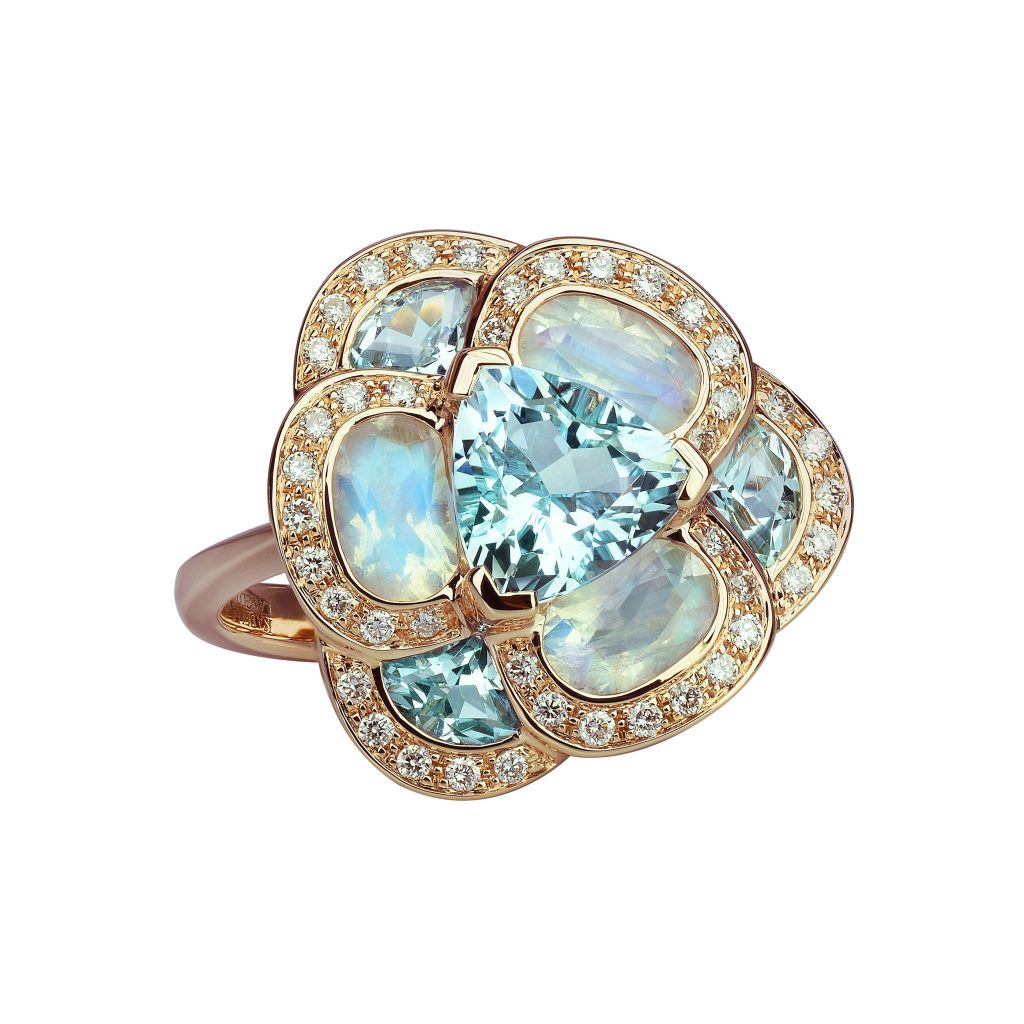 bague flora pensée, topaze bleue, pierre de lune et diamants, or rose, t 53
