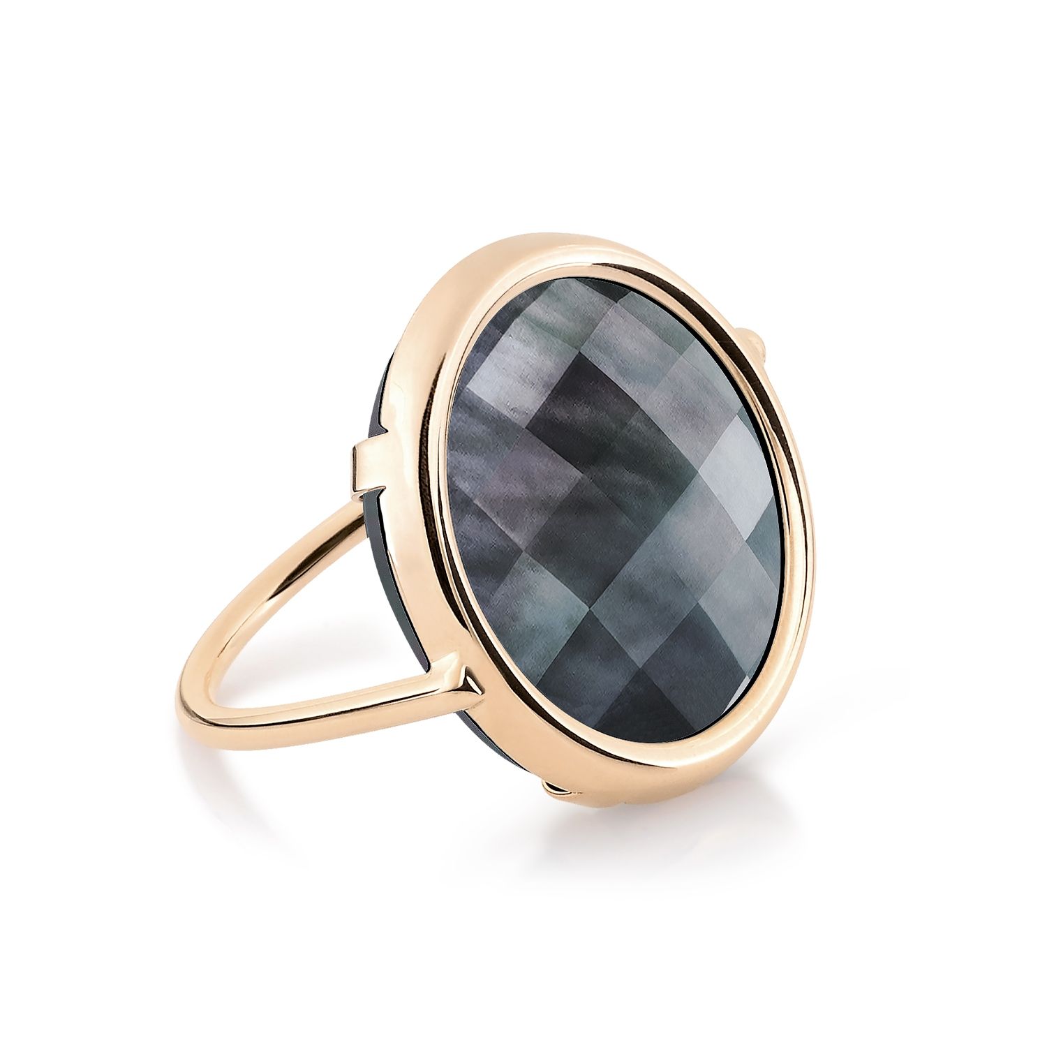 bague disc ring pixie nacre noire facettée, or rose, t 55
