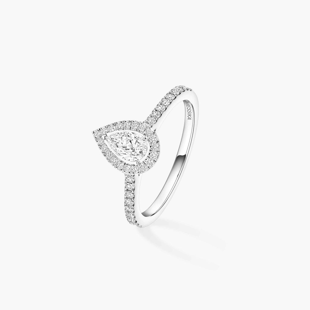 bague joy diamant poire 0.40ct, entourage pavé diamants, or blanc, t 53.