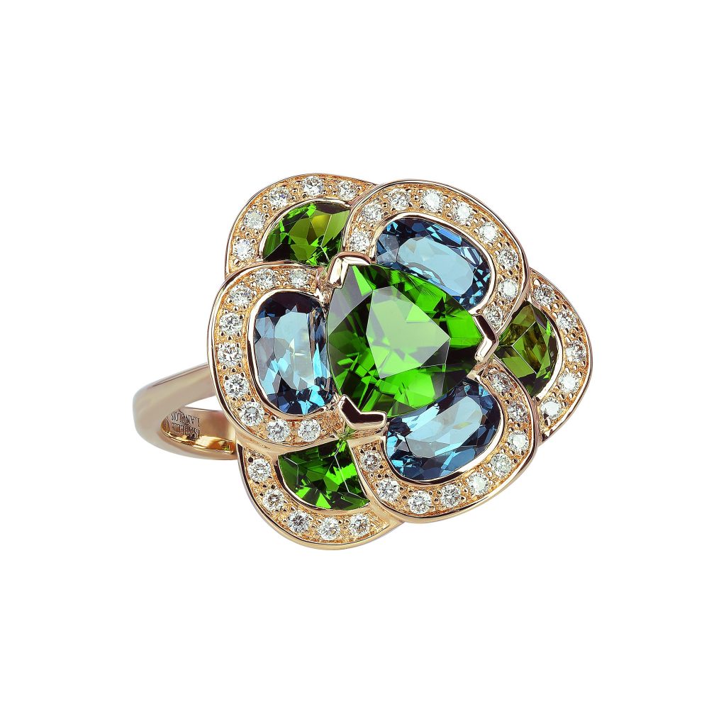 bague flora pensée, diopside, topaze blue london et diamants, or rose, t 53