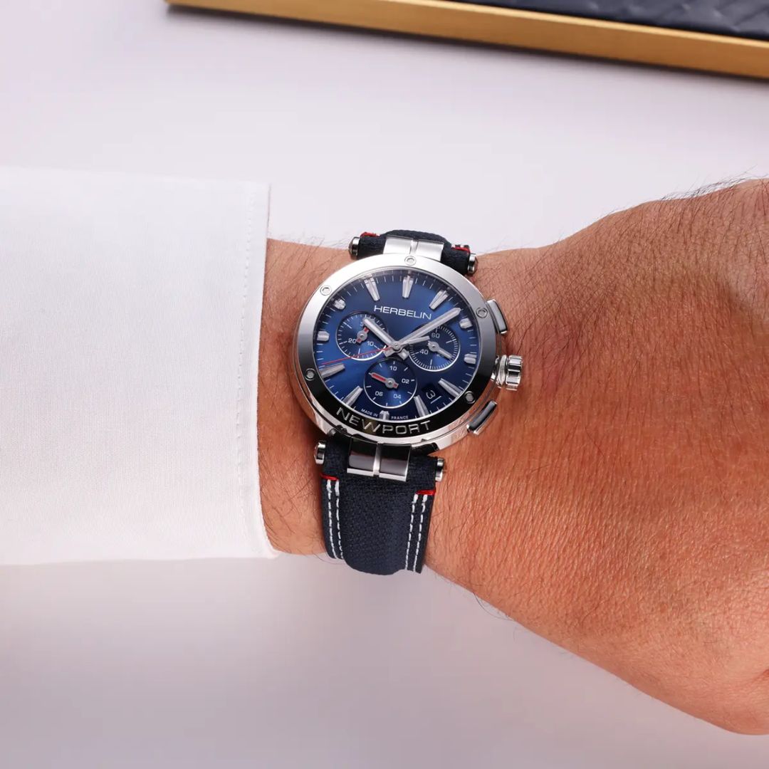 montre chrono newport, textile bleu et cuir