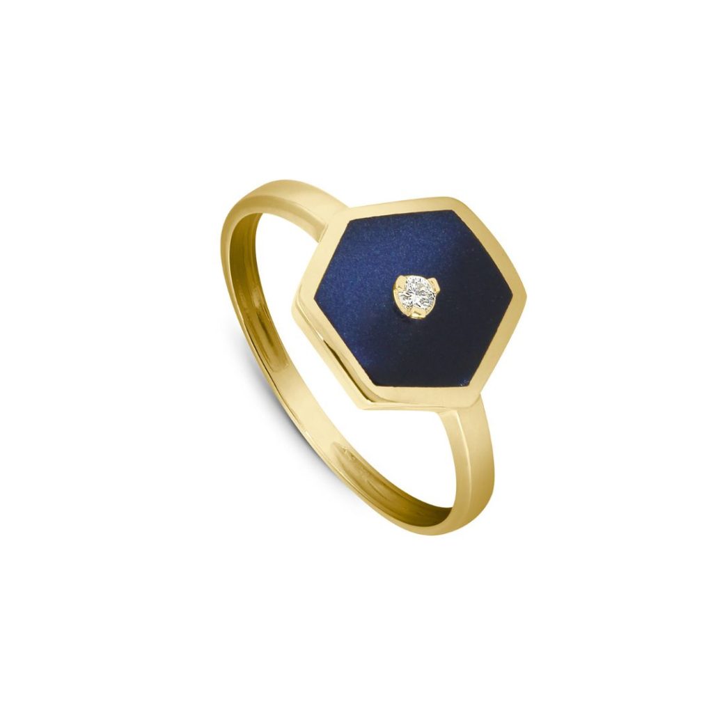 bague hexagonale bleu de prusse, diamant, or jaune, t 55