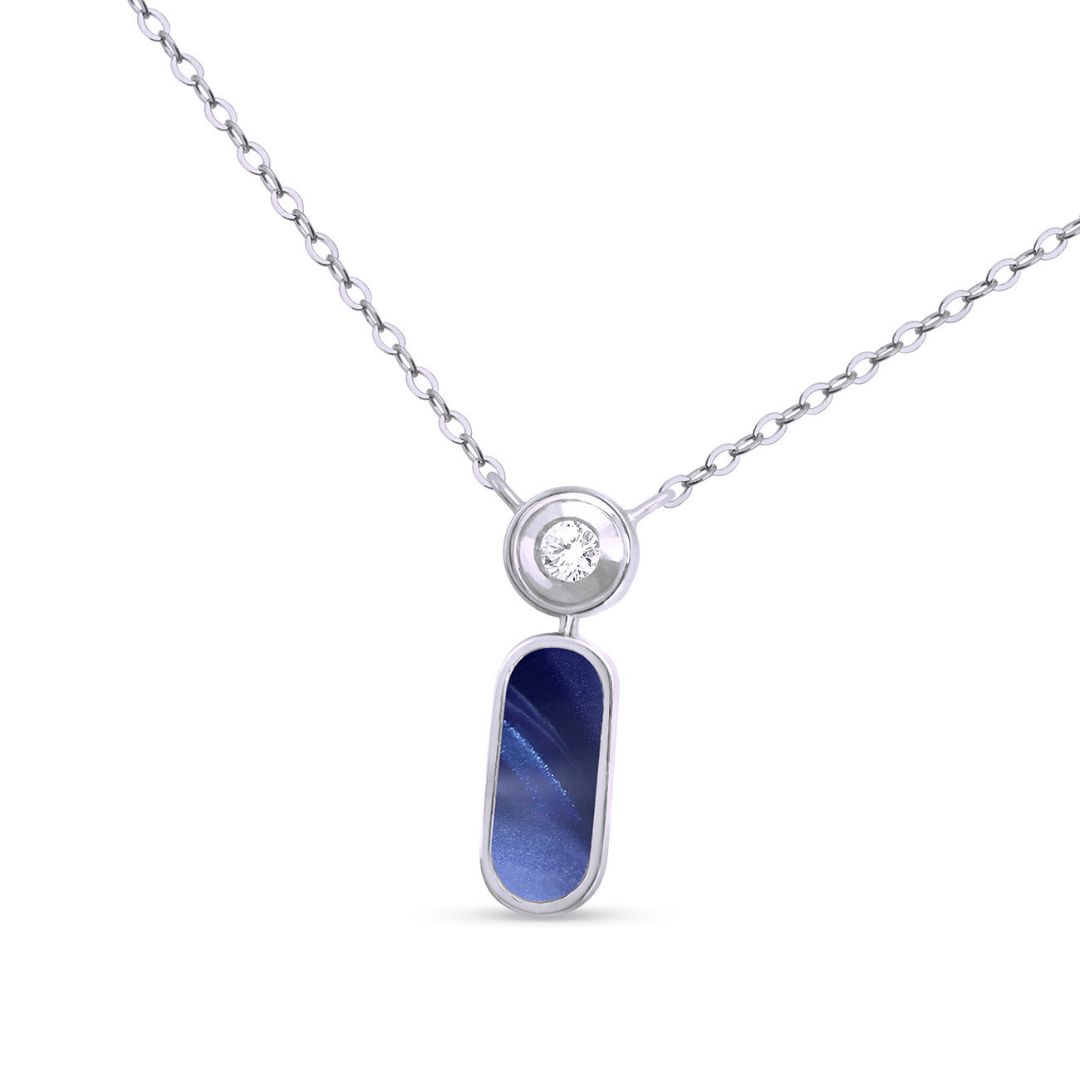 collier isis résine bleu de prusse, diamant, or blanc