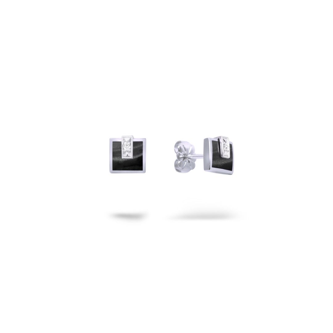 puces d'oreilles résine grise et diamants, or blanc