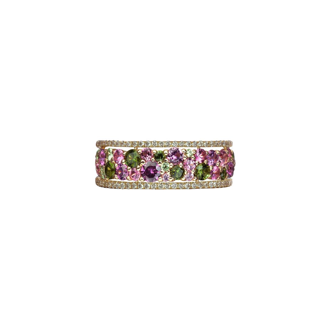 bague fils pavés diamants et multi pierres, or rose