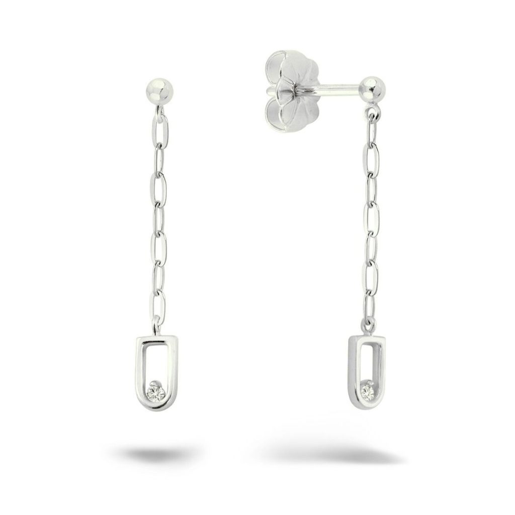 boucles d'oreilles pendantes, forme étrier, diamant, or blanc