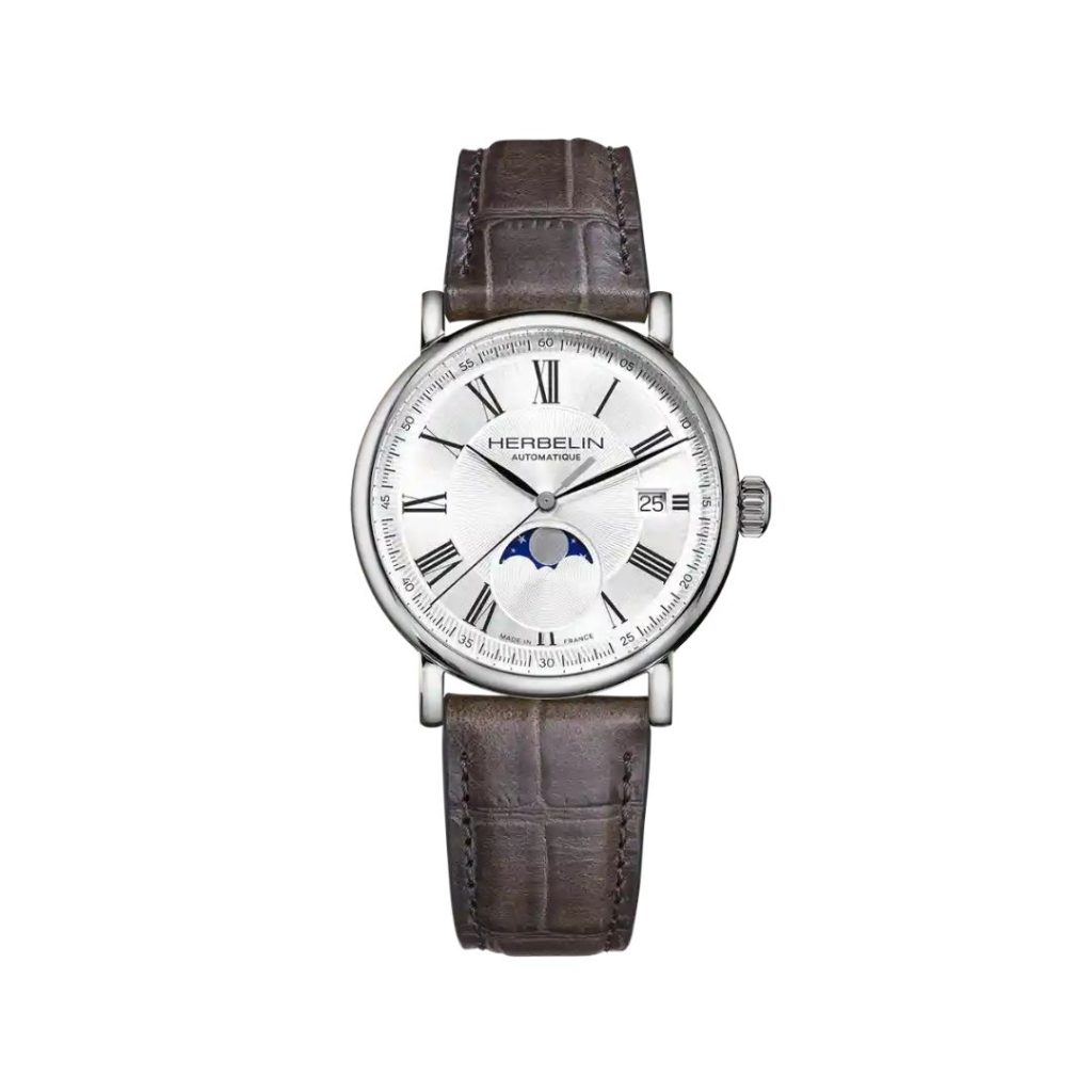 montre inspiration phase de lune, acier & cuir gris