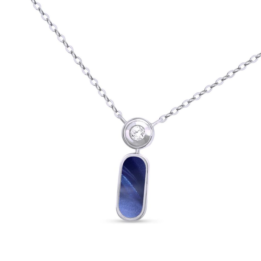 collier isis résine bleu de prusse, diamant, or blanc
