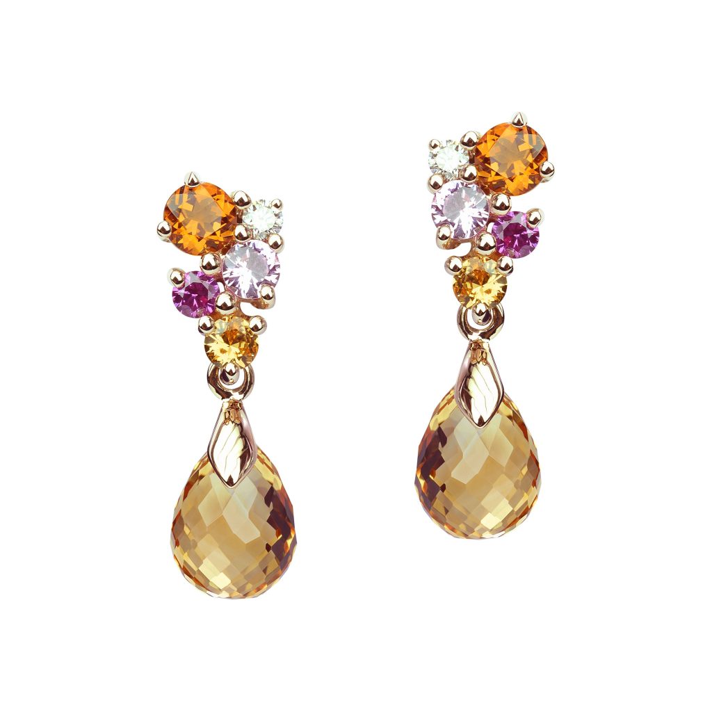 boucles d'oreilles citrine, saphir rose, jaune et diamants, or rose