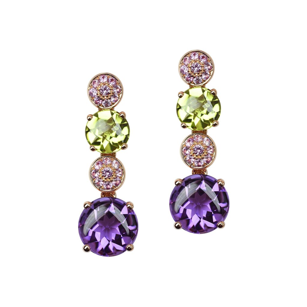 boucles d'oreilles saphirs roses, péridot et amethyste, or rose