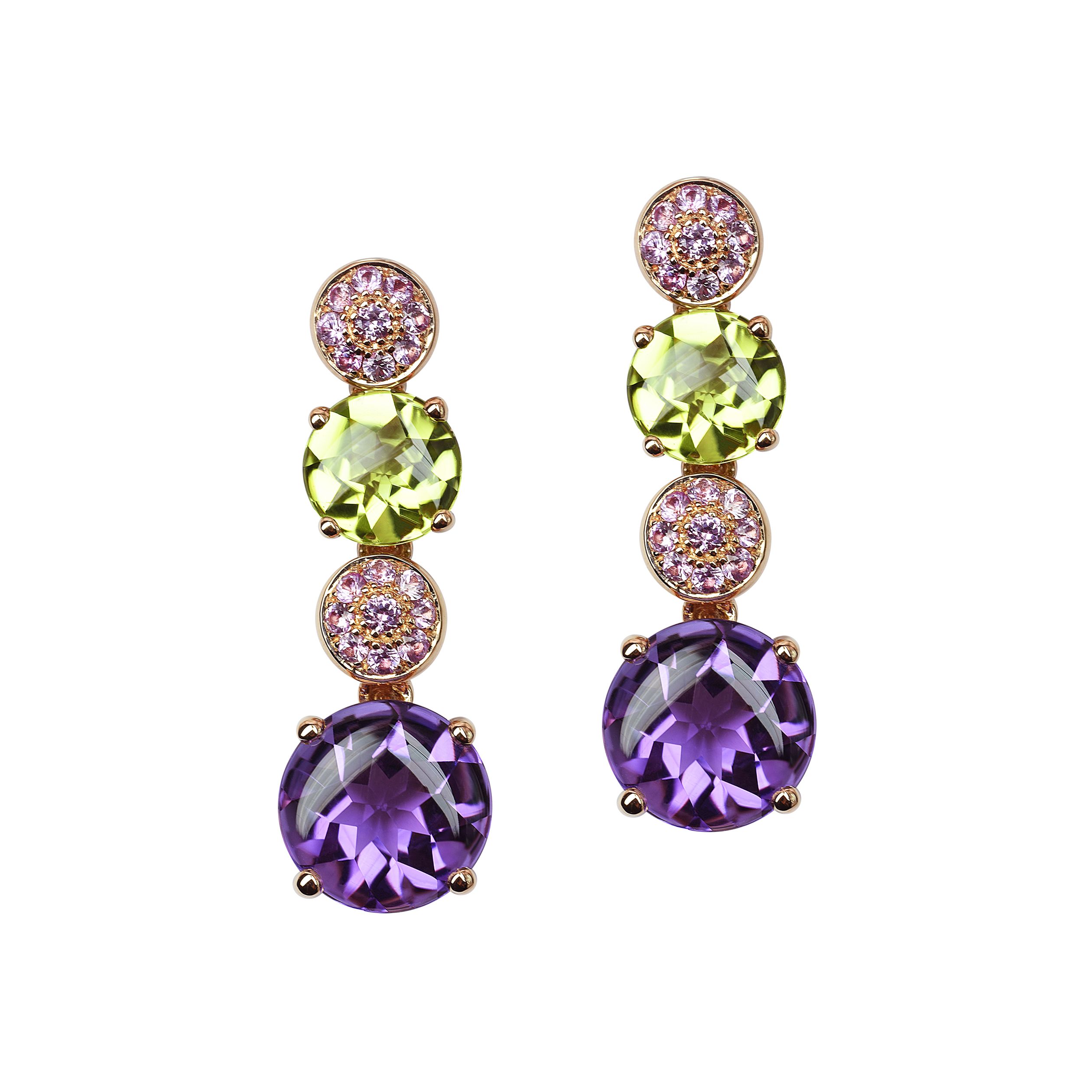 boucles d'oreilles saphirs roses, péridot et amethyste, or rose