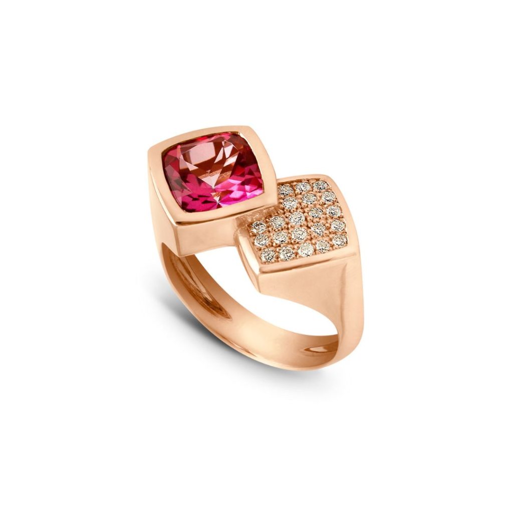 bague topaze rose et motif pavé diamants, or rose, t 54